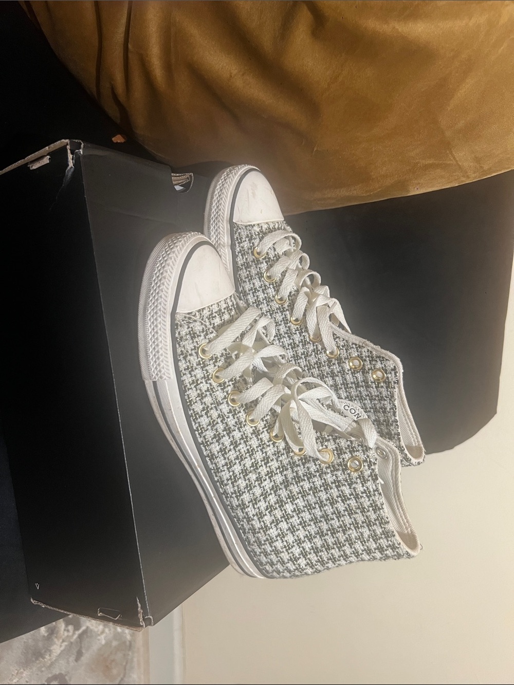 Converse Women's High Top Tweed Sneakers in Black & White gold accent thread - Picture 1 of 7